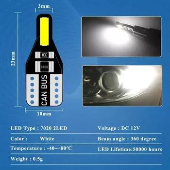 100pcs T10 Led W5W LED Canbus Bulbs 7020 Cob 2SMD 194 168 Car Interior Lights Reading Lamp Wedge Bulb Universal 100pcs&T10 белый