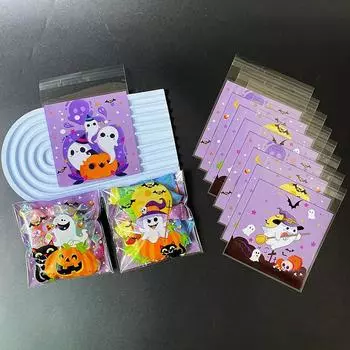 100Pcs White Ghost Pumpkin Bat Pattern Halloween Gift Wrap Opp Self-Sealing Bag, Small Star Broom Printed Theme Party Gift Bags