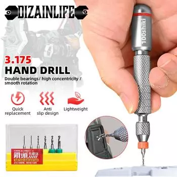 100Shiki Decompression Hand Drill Double Bearing Alloy Round Tail with Tungsten Steel Drill Bit for Assembly Model Hobby Making