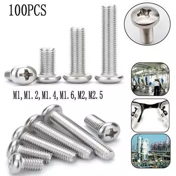 100шт M1-M2.5 304 Нержавеющая сталь Крестообразный круглый винт с цилиндрической головкой и крестообразным шлицем Длина болта 3-16 мм M1.2x6mm 100pcs