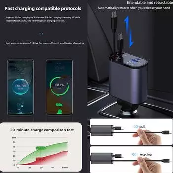 100W 4 IN 1 Retractable Car Charger USB Type C Cable For IPhone Fast Charge Cord Cigarette Lighter Adapter X4W3