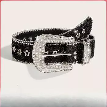 105cm Rhinestone Star Belt Women s Wide Belt Decoration European and American Fashion Personality Sequined Jeans Belt чёрный