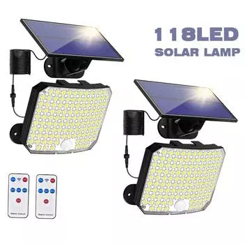 106/118LED наружный солнечный настенный светильник с датчиком движения, пультом дистанционного управления, IP65 водонепроницаемый для патио, гаража, настенного светильника безопасности