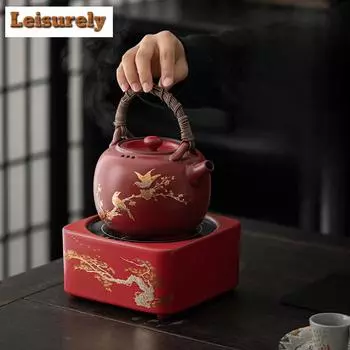 1080 мл Боярышник Красный Старый Камень Глиняный Чайник Для Электрической Гончарной Печи Кипящая Вода Лоза Плетение Балки Чайник Грубый Чай Приготовление