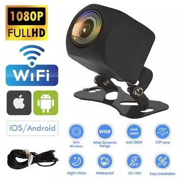 1080P Беспроводная Автомобильная Камера Заднего Вида WIFI 170-градусная HD Камера Ночного Видения Заднего Вида (2,4 ГГц) для iPhone/Android 12 В/USB чёрный