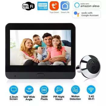 1080P Tuya Smart 2.4G WIFI цифровой дверной глазок 4,3-дюймовый цифровой беспроводной дверной звонок камера дверной глазок безопасности SY36 чёрный