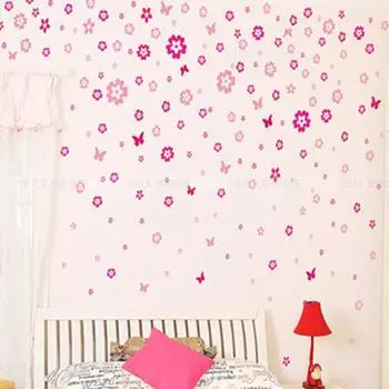 108 цветов и 6 бабочек Diy Съемная наклейка на стену Наклейка для детей Детская спальня для девочек Украшение ярко-розовый