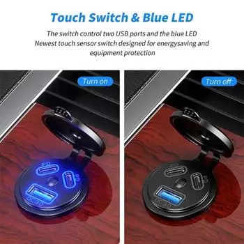 108W USB Car Charger Socket 3 Ports Dual 45W PD Type C & 18W QC3.0 Power Outlet Fast Charge for 12V/24V Boat Sedan RV Motorcycle синий