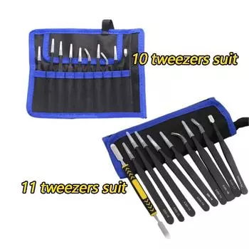 Полный набор промышленных пинцетов из 10/11 предметов, прецизионные прямые пинцеты из нержавеющей стали, антистатические, для обслуживания ESD 10PCS