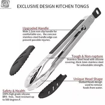 10/12 Inches Locking Stainless Steel Serving Anti-Scald Food Steak Bread Serving Cooking Buffet Heater Silicone Kitchen Tongs