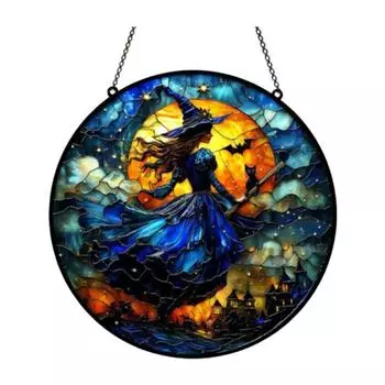 10/15/25CM Halloween Witch Suncatcher Hanging Decoration Black Cat Bat Moon Witch Stained Glass Acrylic Wall Window Hanging Sign Ornament 10cm