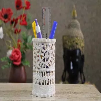 10,16 см мыльный камень ручной работы с цветочной резьбой круглая подставка для ручек для офиса