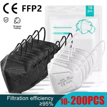 10-200 шт. Ffp2mask Black Mascarillas Negra для взрослых 5 слоев Fpp2 одобрен CE респираторная маска для лица Ffp2 многоразового использования Ffp3 10PCS белый
