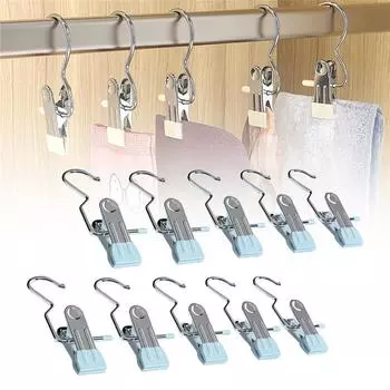 10/20/40pcs Stainless Steel Clothespins with Hook Laundry Organizer Portable Hanging Clip Closet Hanger Efficient Clothes Management 10PCS(Blue)