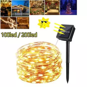 10/20M 100/200LEDs Солнечные гирлянды 8 режимов Солнечная энергия Медная проволока Сказочные огни Декоративная лига 10M-100LED белый