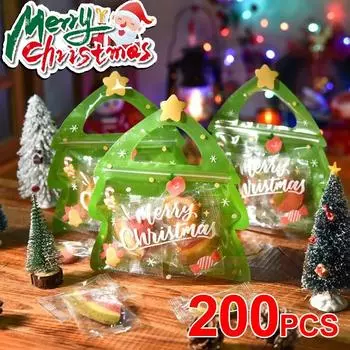 10/30/50/100/200 шт. Рождественский елочный пакет с ручкой для конфет, шоколада, печенья, нуги, бисквита, подарочная упаковка с застежкой-молнией 21x19cm