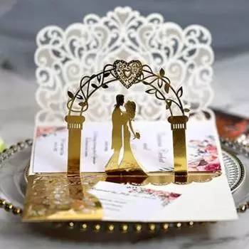 10 3D Pop Up открыток, приглашения на свадьбу, годовщину с уникальным дизайном жениха и невесты, держащихся за руки, для свадебной вечеринки золотой