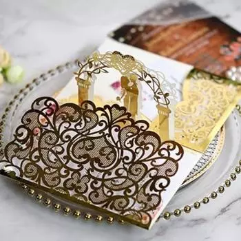 10 3D-приглашений на свадьбу, открытки на годовщину с уникальным дизайном жениха и невесты, держащихся за руки, для жениха и невесты на свадебной вечеринке золотой