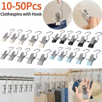 10-50x Premium Stainless Steel Clothespins with Hook Laundry Clothes Pegs for Hanging Clothes Pants Hanger Tongs Clip Hook Clip