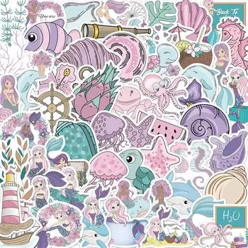10/56 шт., наклейки с милыми русалками и океанскими животными, наклейки с граффити морского мира для DIY, багажа, ноутбука, скейтборда, мотоцикла, велосипеда, наклейки 10pcs