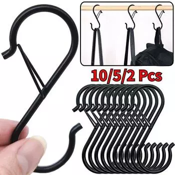 10/5/2 шт./компл., металлический S-образный крючок, садовая подвесная застежка, кухонная полка для горшков, сумки для спальни, одежда, полотенца, вешалка для одежды, крючки с пряжкой 2Pcs чёрный