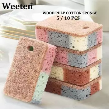 10/5 шт. губка для мытья посуды из древесной массы, хлопка, цветная волшебная чистящая губка для удаления ржавчины, щетки для мытья посуды, кухонный инструмент для мытья 5PCS