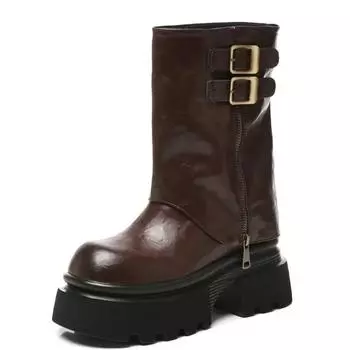10,5 см Платформа Осенние женские туфли До Колена Скрытый Каблук Женские Мотоциклетные Ботинки Женские Весенние Панк Сапоги со Съемным Ремнем Пряжкой 34 коричневый