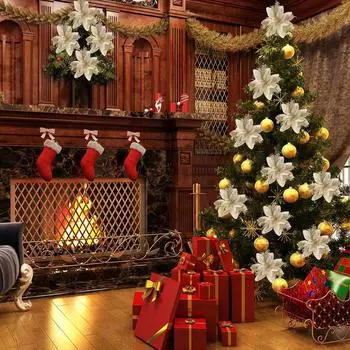 10/5pcs 15cm Glitter Christmas Flowers Artificial Poinsettia Flower Head Xmas Tree Ornament Home Decoration Navidad new year 5PCS серебряный