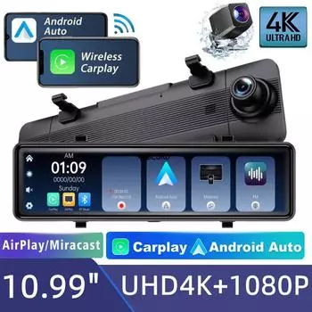 10,99-дюймовый передний 4K-зеркало Мультимедиа DVR Видеорегистратор Carplay Android auto Автомобильный видеорегистратор Bluetooth WIFI Видео Черный ящик 0GB
