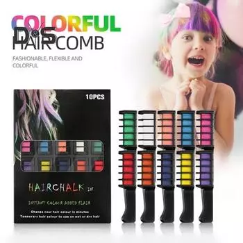 10 цветов, расческа для краски для волос, смываемый временный мел для волос, одноразовая кисть для окрашивания волос, макияж для косплея на Рождество и Хэллоуин разноцветный