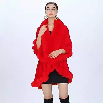 10 цветов, зимняя теплая длинная вязаная накидка из искусственного лисьего меха, 2 слоя, накидка-пончо, плащ большого размера, женский кардиган, свободная шаль, уличное пальто One Size красный