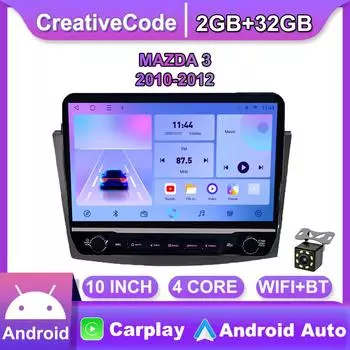 10 дюймов для MAZDA 3 2010-2012 с кнопочной ручкой, автомобильное радио, мультимедиа, Carplay, 2Din, стерео аудио, Android-видео, 2 + 32 ГБ