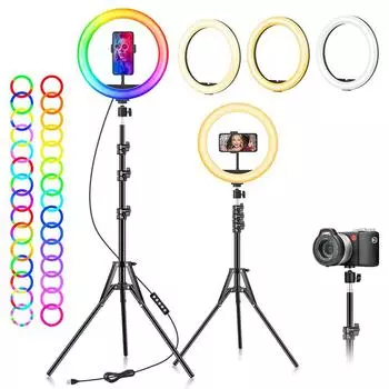 10-дюймовая светодиодная кольцевая лампа для селфи RGB с держателем для телефона, заполняющее освещение для фотографий со штативом для видео в прямом эфире на YouTube