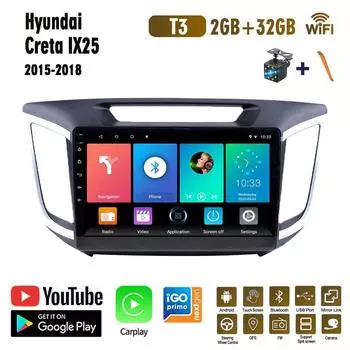 10-дюймовый Android Carplay для Hyundai Creta Ix25 2015-2018, автомобильный радиоприемник, мультимедийный видеоплеер, GPS-навигация, WIFI, 2 + 32 ГБ 1+16GB