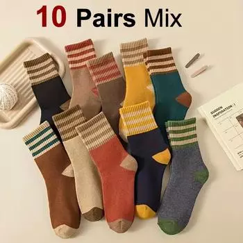 10 двойных осенне-зимних женских толстых носков средней длины, удобные, теплые, модные, полосатые, повседневные, махровые носки с петлями 10 pairs