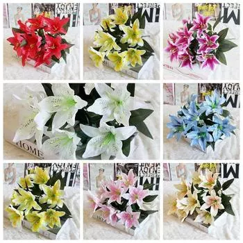 10 головок ярких аксессуаров для дома красочные искусственные цветы свадебный декор лилии букет искусственные лилии