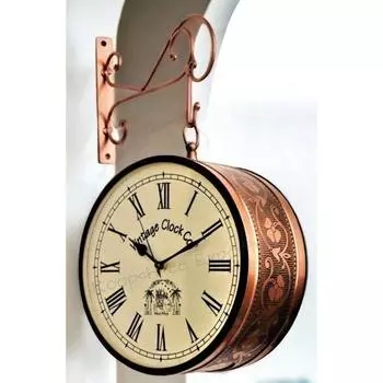 (10 INCH - Two Side Roman Numbers) Vintage Clock Iron Handcrafted Double Side Analog Clock , Rose Gold Finish, Floral Design 10 x 10 in