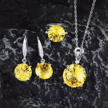 10-каратный цитрин Открытое кольцо Цветное сокровище Подвеска Серьги с желтым бриллиантом