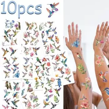 10 листов мультяшных наклеек-татуировок с изображением колибри для рук, тела, временные поддельные водонепроницаемые наклейки-татуировки для детей, креативные подарки