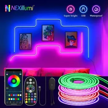10 м USB RGB светодиодная неоновая лента, 5 В 72 светодиода/м силиконовый Bluetooth-шнур с пультом дистанционного управления, синхронизация музыки через приложение водонепроницаемый декор для подсветки телевизора 3m 108 LEDs per m