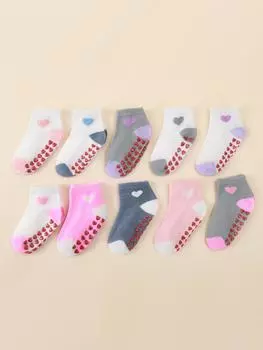 10 pairs of children s anti slip socks with heart-shaped pattern design, soft and comfortable, suitable for newborns and toddler 0-1y