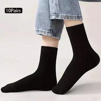 10 пар классических женских носков черного и белого цвета, весенне-летние однотонные тонкие женские носки средней длины One Size