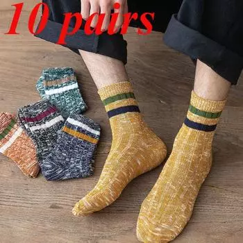 10 пар модных теплых повседневных толстых мужских носков средней длины с двойной иглой, осенние и зимние ретро-носки 10 pairs разноцветный