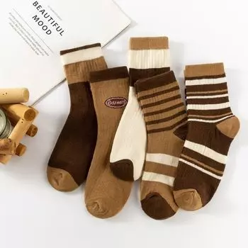 10 пар носков Майяра, женские осенние и зимние хлопковые носки, женские носки-трубы в ретро-полосатую кофейную цветовую гамму, чулки