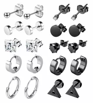 10 пар серег, черные, серебряные, черные серьги, серьги-гвоздики, кольца, унисекс, бинауральные, из нержавеющей стали, гипоаллергенные, черные серьги, серебристые