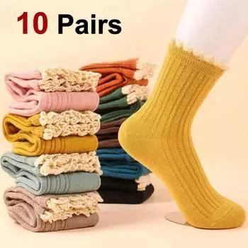 10 пар женских кружевных носков средней длины, модные, в студенческом стиле, мягкие, удобные, подходят для повседневной носки, дышащие, повседневные носки One Size