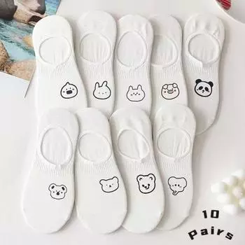 10 пар женских носков, летние носки-лодочки, белые милые неглубокие короткие носки с героями мультфильмов, не спадающие с пятки, невидимые носки One Size