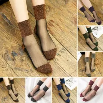 10 пар женских прозрачных блестящих носков до щиколотки, шелковистые прозрачные блестящие носки, ультратонкие блестящие короткие носки для весны и лета серебряный