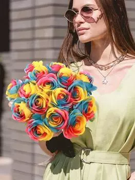 10 Pcs 50cm Rainbow Fake Roses Artificial Flowers Fake Artificial Roses Silk Flowers with Stems for Home Wedding Hotel Office Centerpiece Decor
