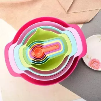 10 Pcs/set Rainbow Mixing Bowls Nesting Bowls Stackable Measuring Cups Sieve Strainer Multifunctional Colander Salad Baking Tool